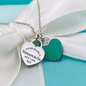 Authenticated Tiffany & Co double heart blue enamel necklace 16” box